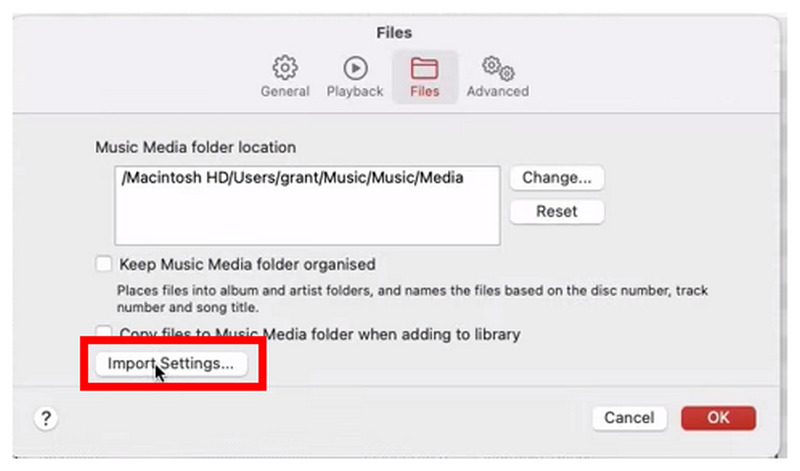Configurações de importação do Apple Music