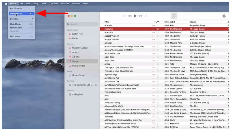 Preferências do Apple Music