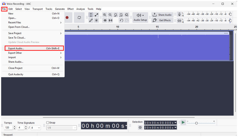 Exportação de áudio do Audacity