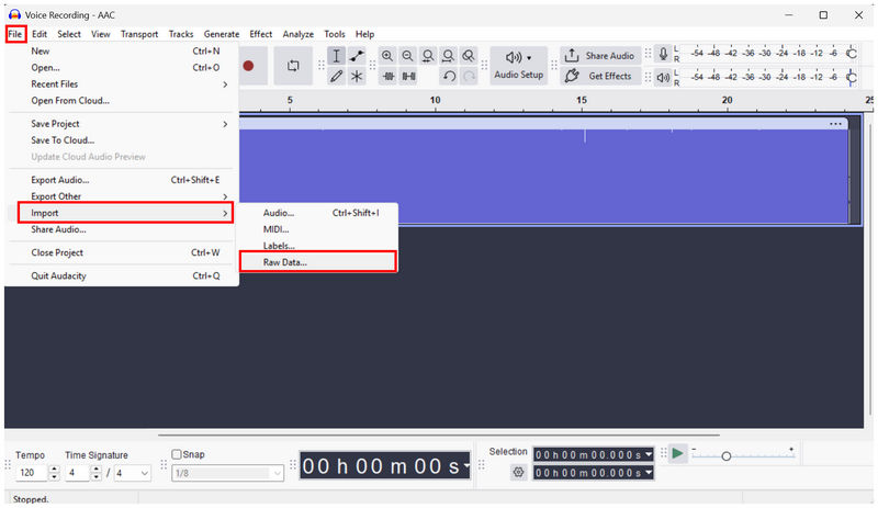 Importar dados brutos do Audacity