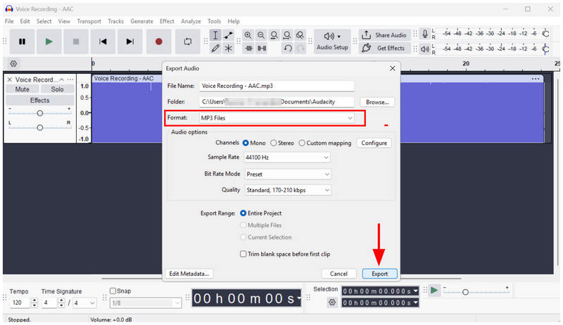 Exportar formato MP3 com o Audacity