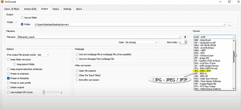 XnconvertでJPGを選択
