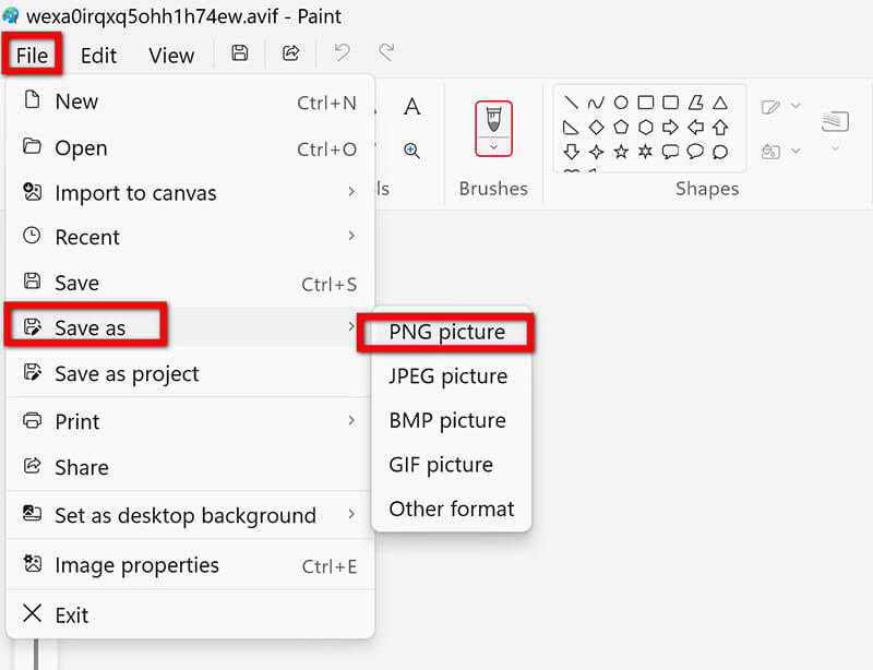 ペイントでAvifをPNGに保存する