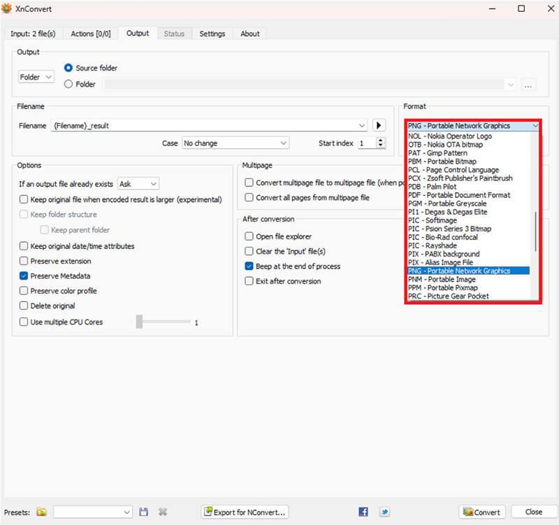 XnconvertでPNGを選択