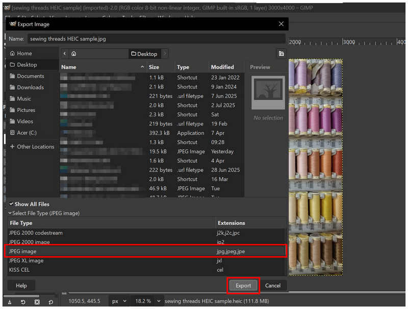 Format eksportu menu pliku Gimp