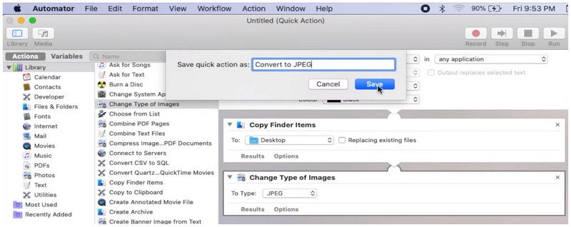 Automator Szybka akcja Zmień nazwę