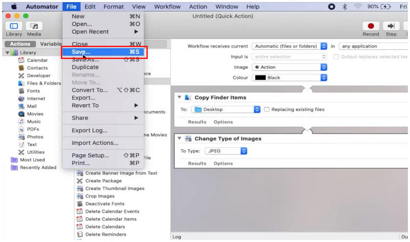 Automator Zapisz szybką akcję