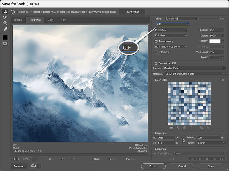 GIF exportálása Photoshopban