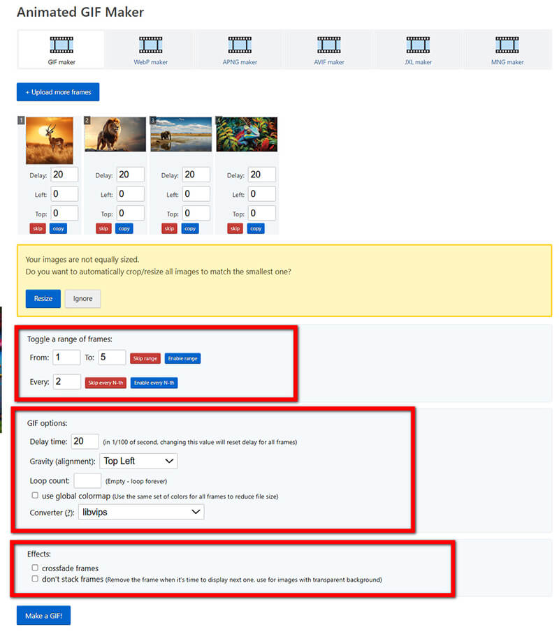 GIF beállítása Ezgifben