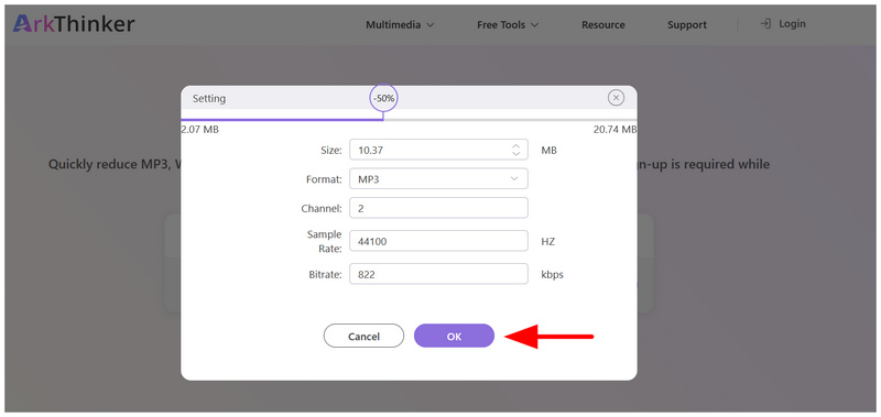 Aba de configurações do compressor de áudio gratuito Arkthinker Online
