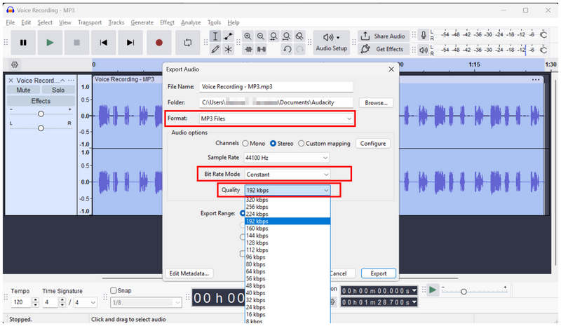 Qualidade do formato de taxa de bits do Audacity