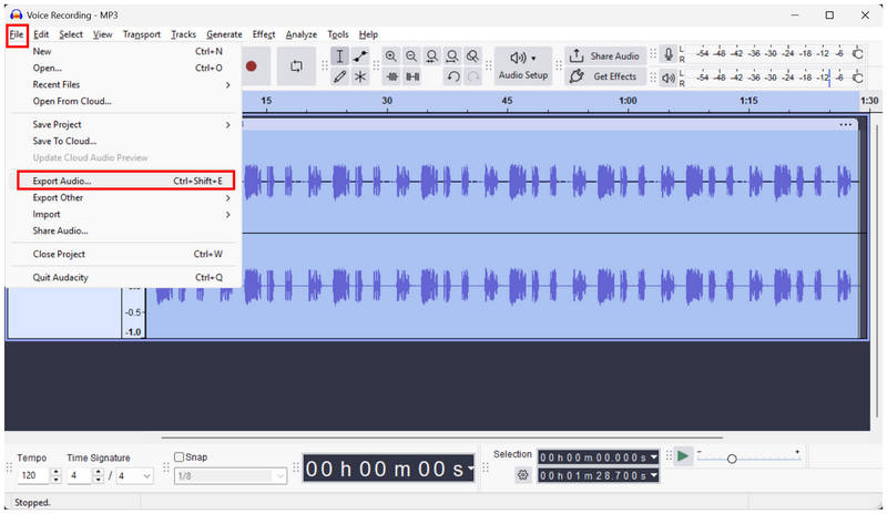 Exportar arquivo de áudio do Audacity