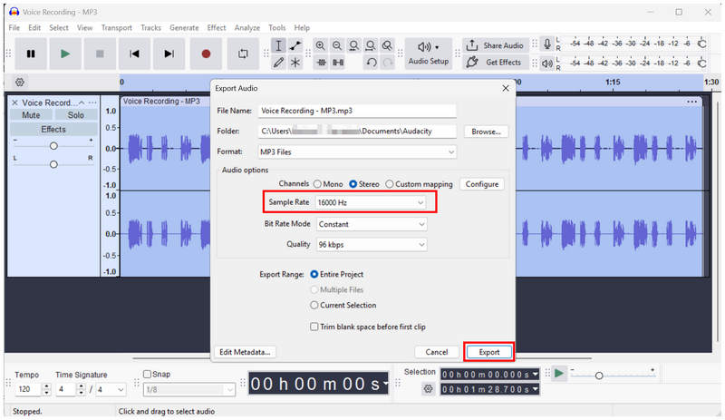 Exportação de taxa de amostragem do Audacity