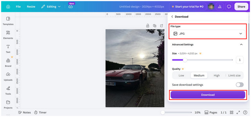 Download online do Canva em JPG