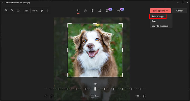 Сохранить обрезанное изображение в приложении «Фотографии Windows»