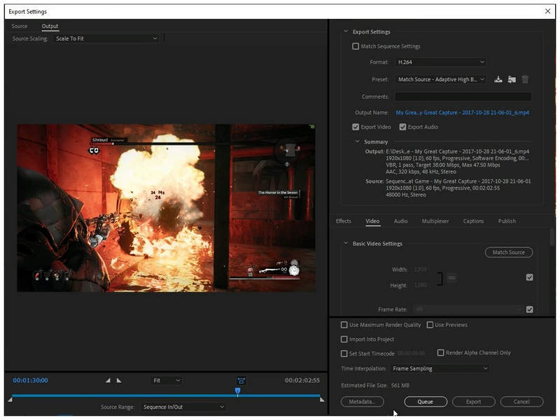 Configuración de exportación de Premiere Pro