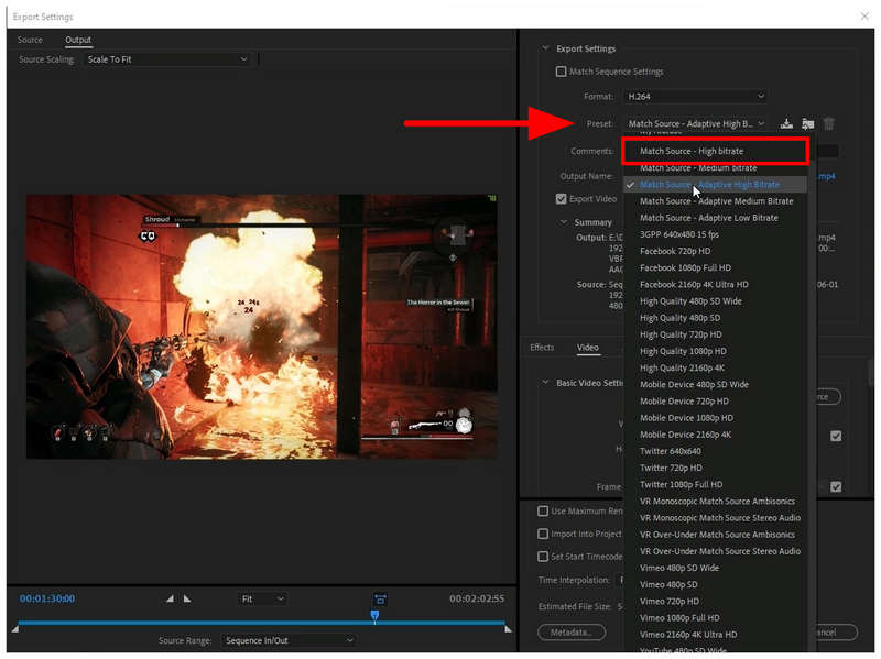Opciones de preajustes de Premiere Pro
