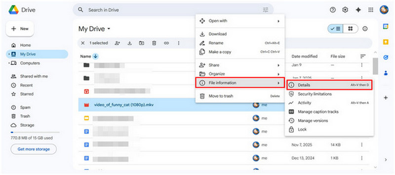 Google Driven tiedostotiedot