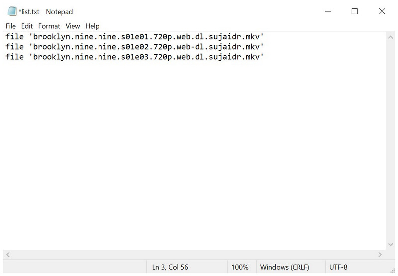 Archivo TXT para combinar vídeos de FFmpeg