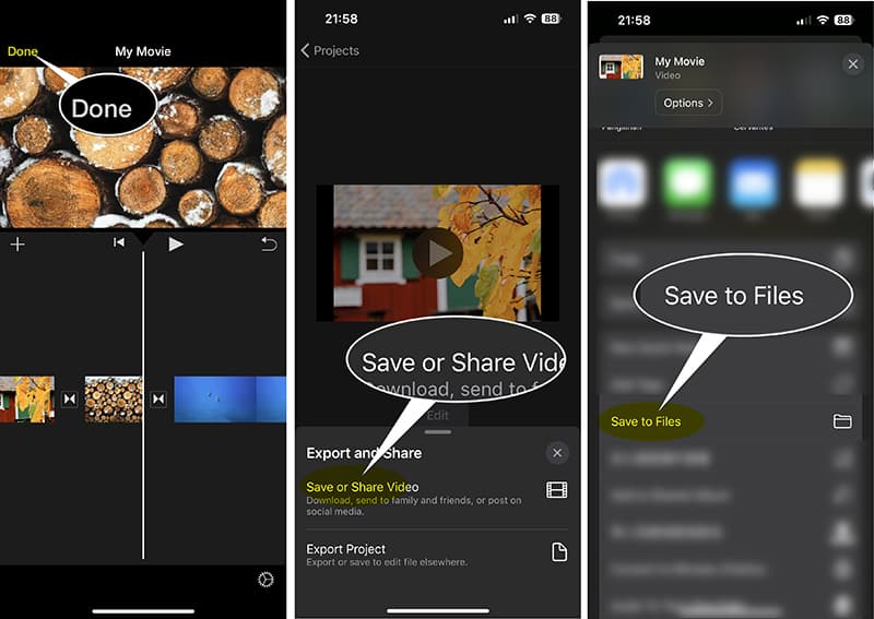 Egyesített videó mentése az iMovie-ban