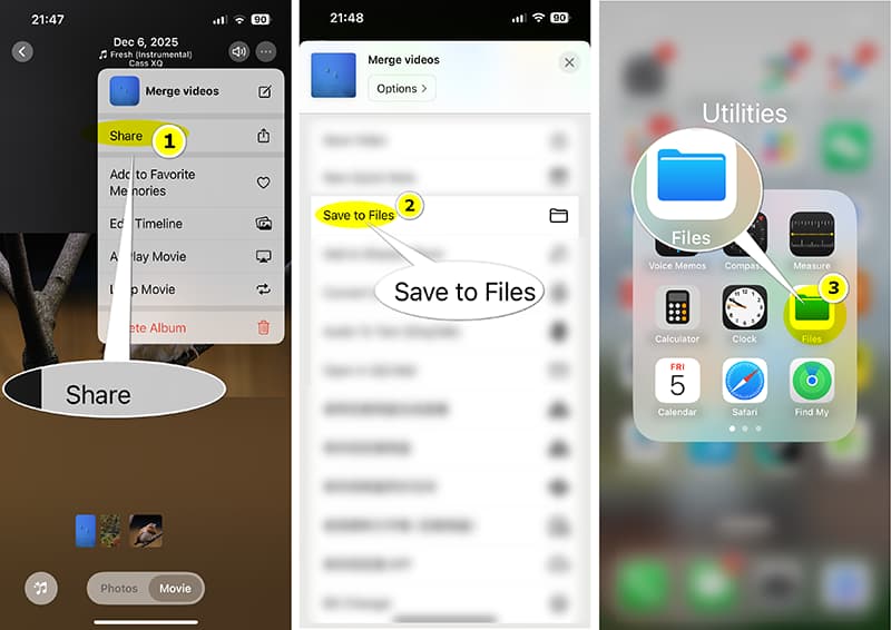 Egyesített videó mentése iPhone-on
