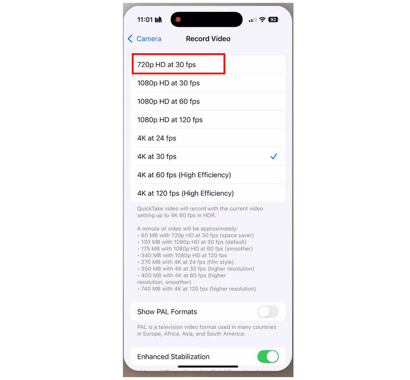 iPhone 720p 30fps forudindstilling