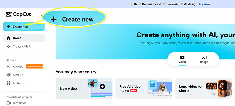 在 Capcut 中创建新内容