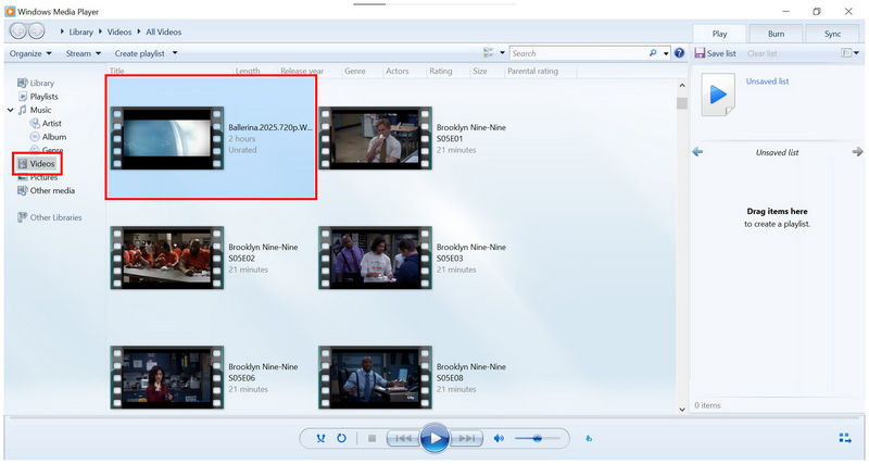 Ældre Windows Media Player Vælg video