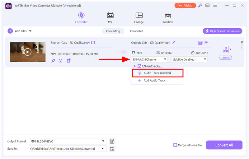 Canal de áudio desativado no Arkthinker Video Converter Ultimate