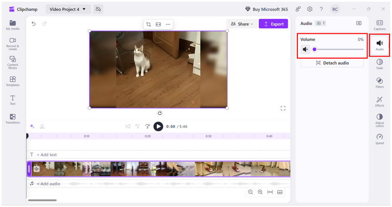 Clipchamp Audio: Defina o volume para zero.
