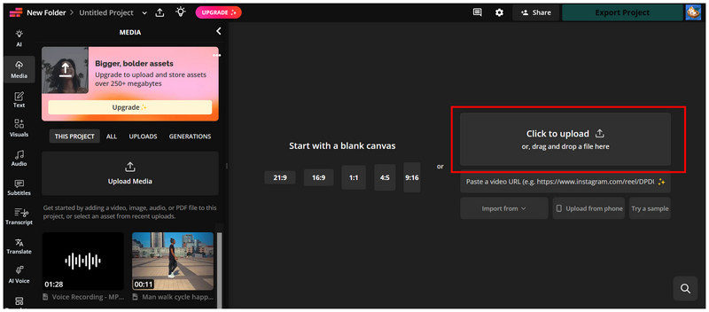 Kapwing Clique para fazer upload