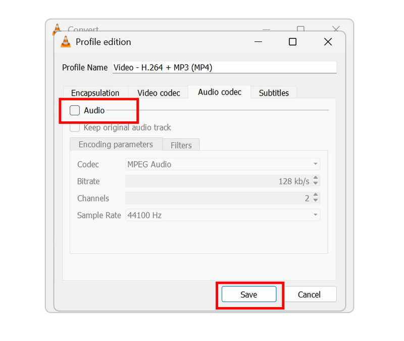 Codec de áudio VLC desativado Salvar