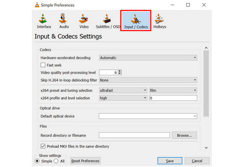 VLC Media Player-Einstellungen Eingabecodecs