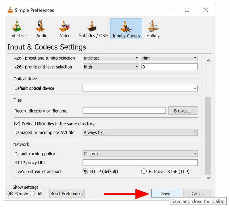 VLC Всегда исправлять сохранение