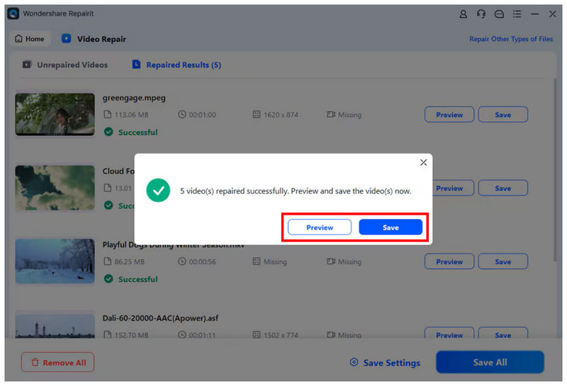 Wondershare Video Repair Preview Save