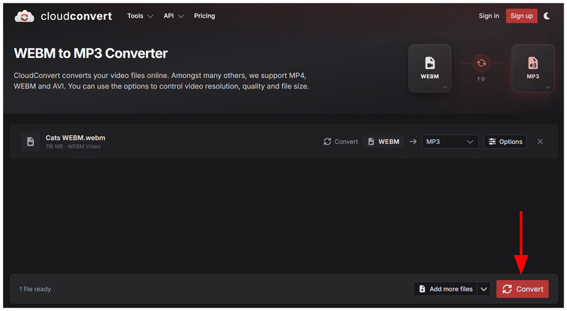 Конвертувати WebM у MP3 у CloudConvert