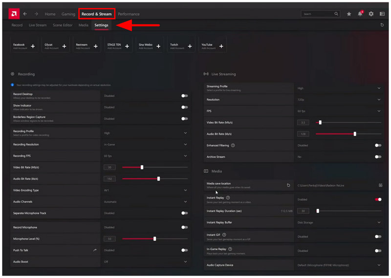 Configurações de gravação de fluxo de software da AMD