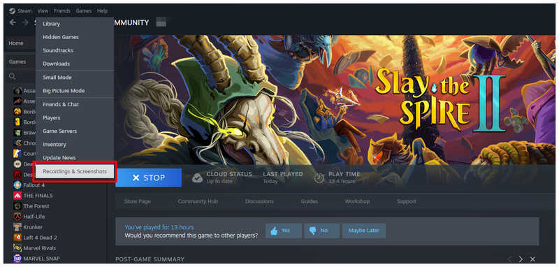 Gravações e capturas de tela do Steam no aplicativo