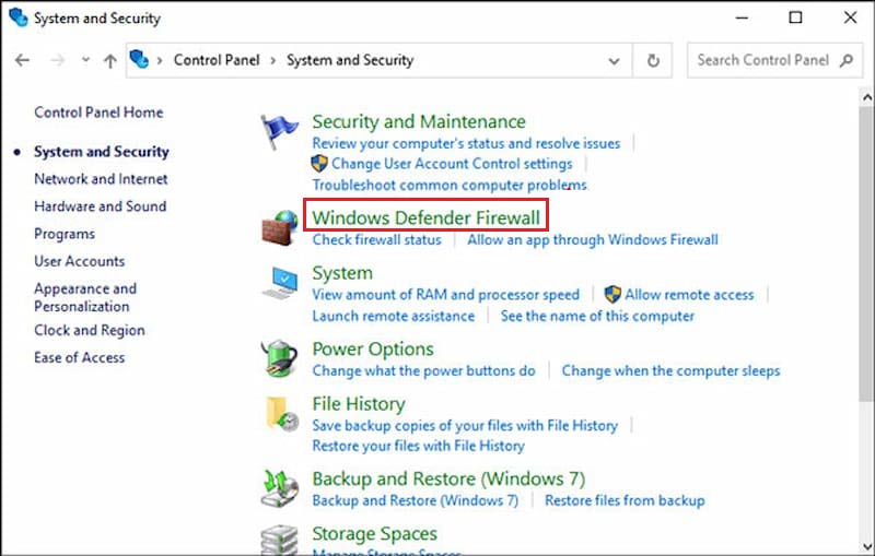 Windows Defender ファイアウォールを選択します