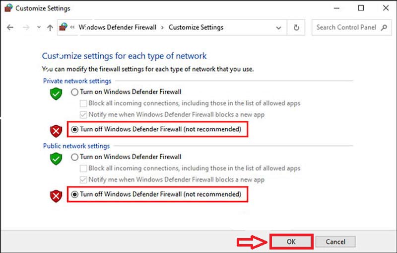 Turn OFF Windows Defender Firewall