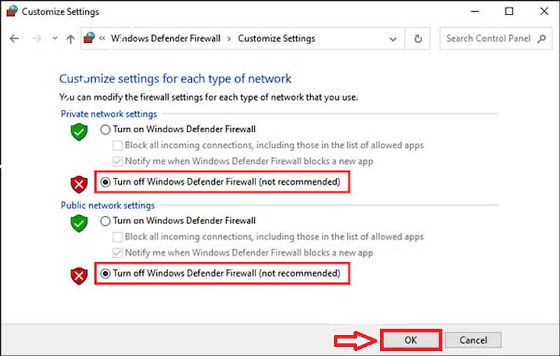 关闭 Windows Defender 防火墙