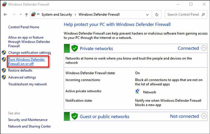 Turn Windows Defender Firewall on OR OFF