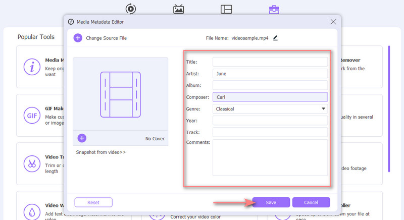 Painel do Editor de Metadados