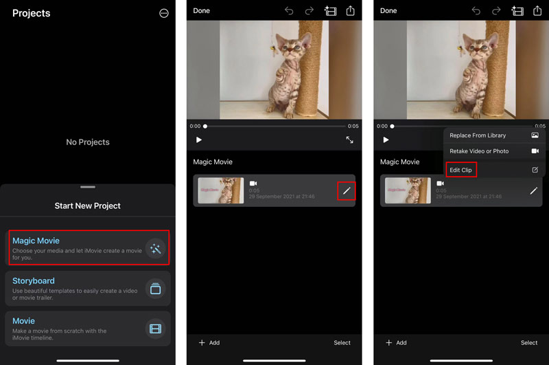 Fügen Sie einen Videoclip in der iMovie-App hinzu und bearbeiten Sie ihn