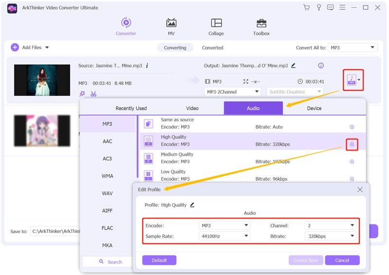 Modifier le profil pour compresser l'audio