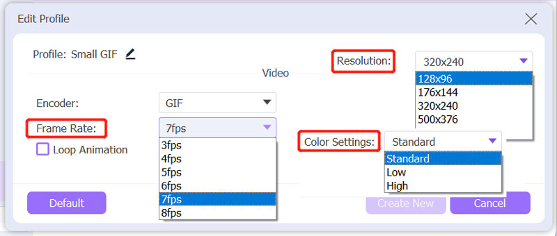 Paramètres de couleur de fréquence d’images de résolution GIF