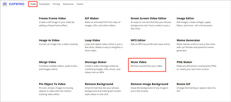 Kapwing 工具“视频静音”