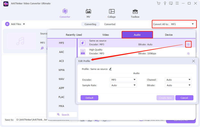 Profilo di modifica MP3 di output