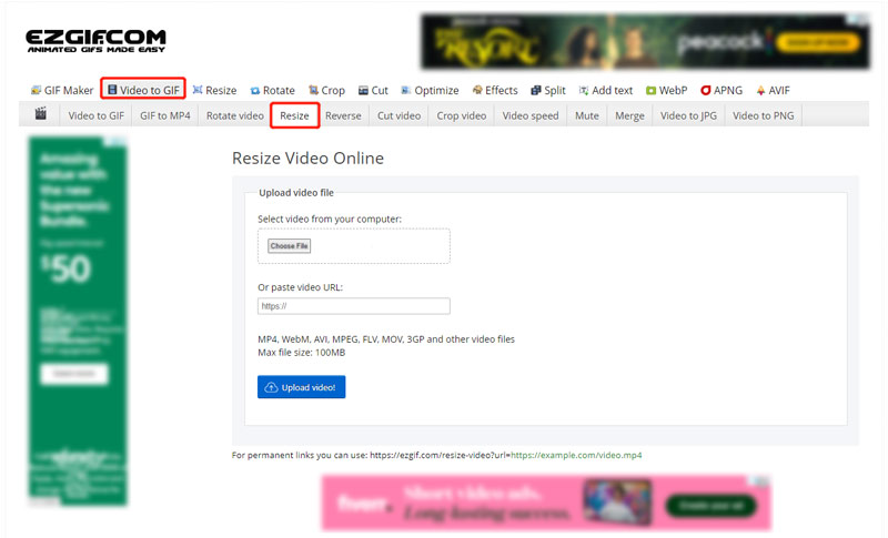 EZGIF Videó átméretezése online