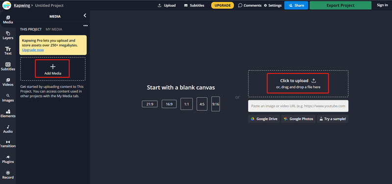 Kapwing Video Resizer Adicionar mídia